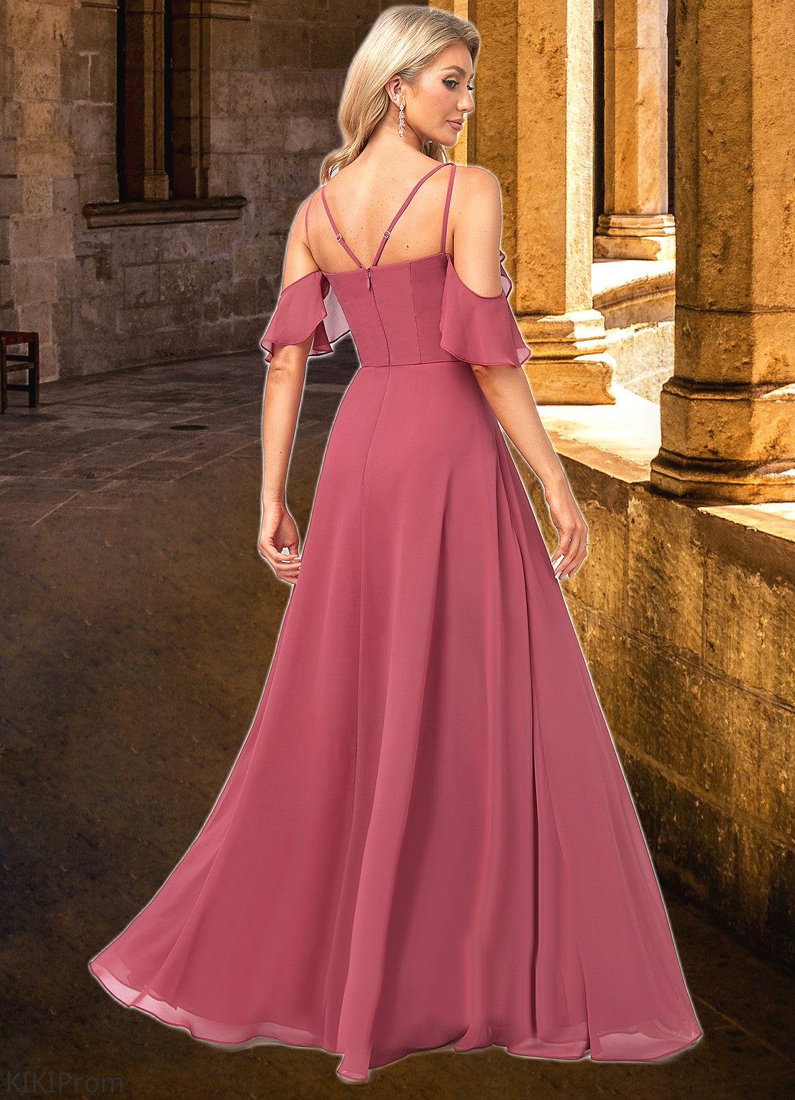 Yasmine A-line Cold Shoulder Floor-Length Chiffon Bridesmaid Dress With Ruffle DZP0022605