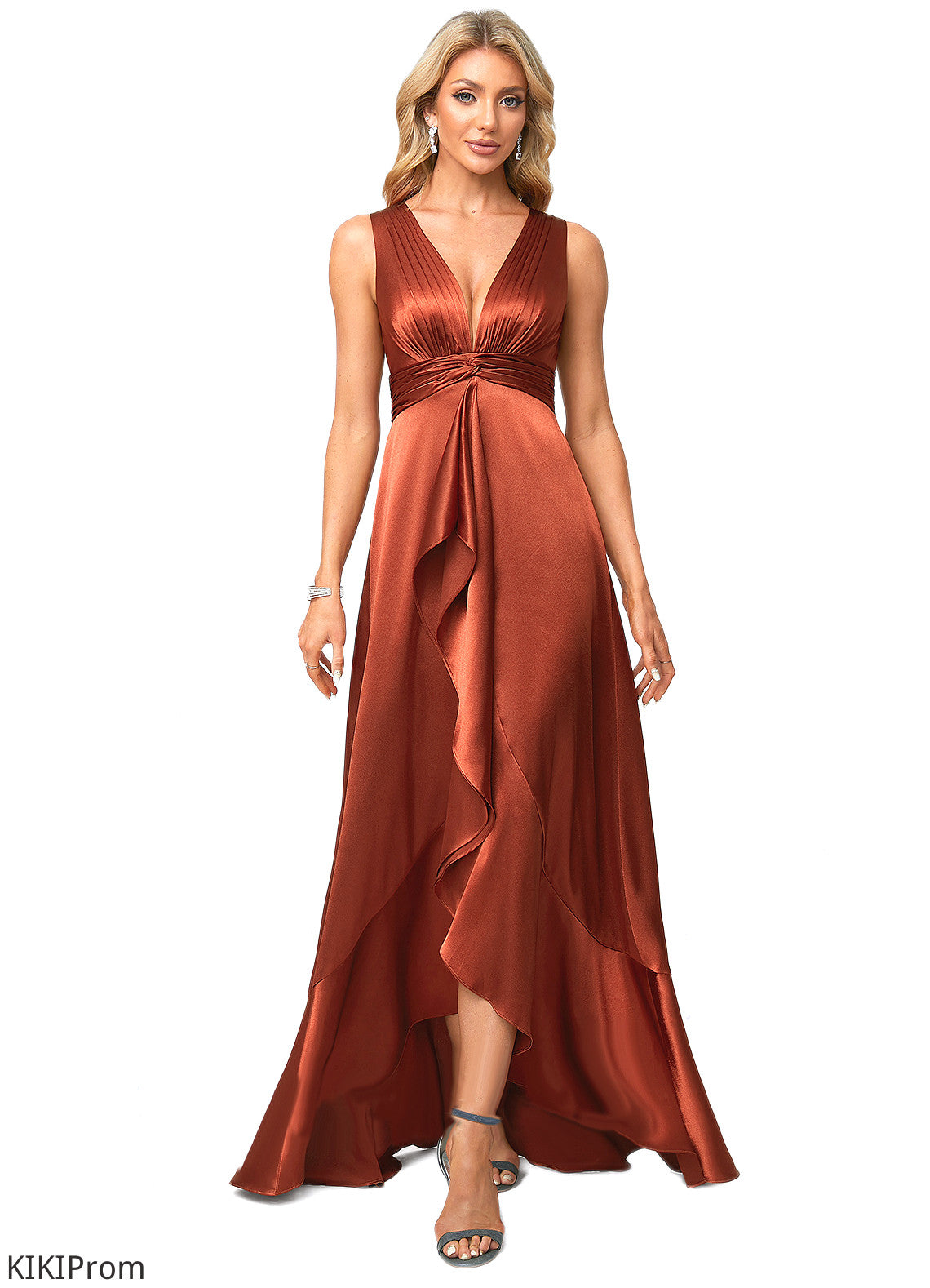 Juliet A-line V-Neck Asymmetrical Stretch Satin Bridesmaid Dress With Ruffle DZP0022606