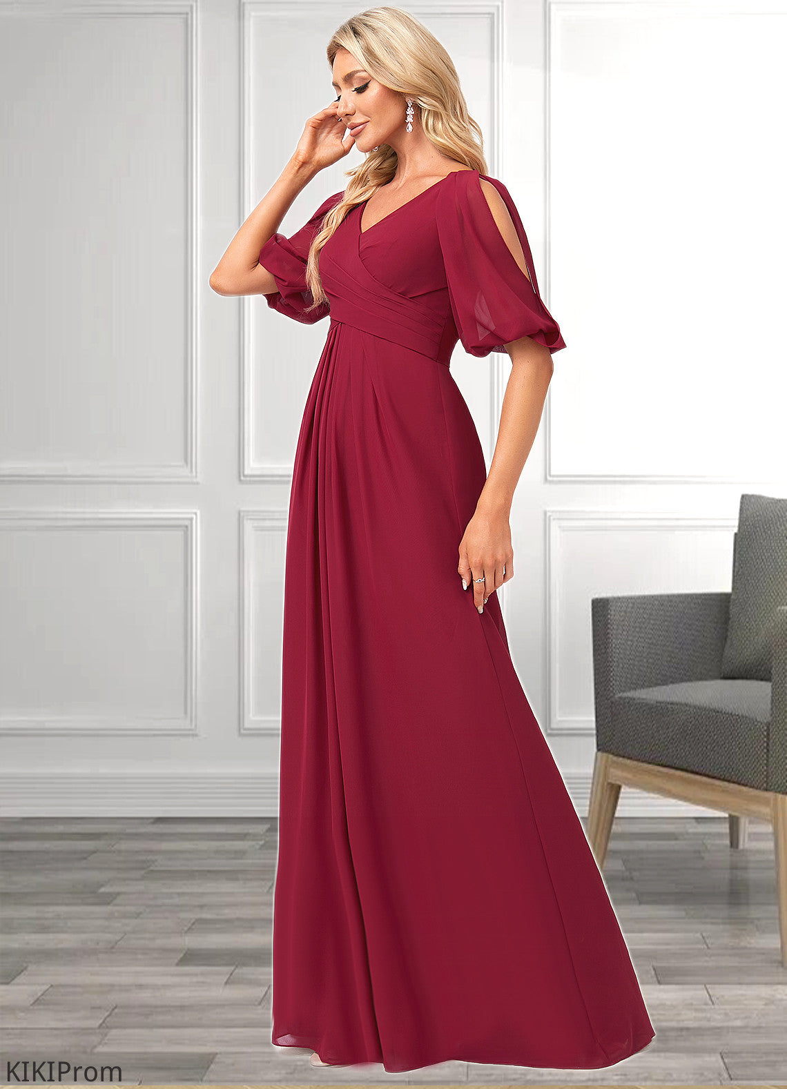 Gillian A-line V-Neck Floor-Length Chiffon Bridesmaid Dress DZP0022608
