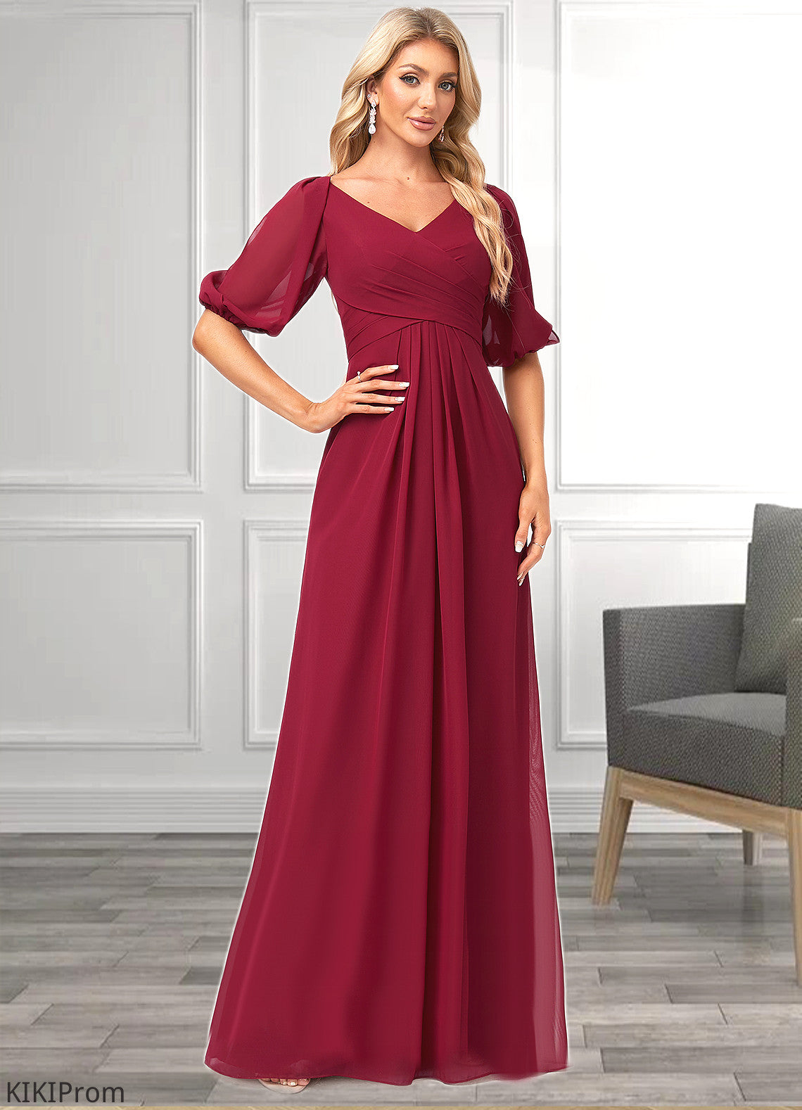Gillian A-line V-Neck Floor-Length Chiffon Bridesmaid Dress DZP0022608