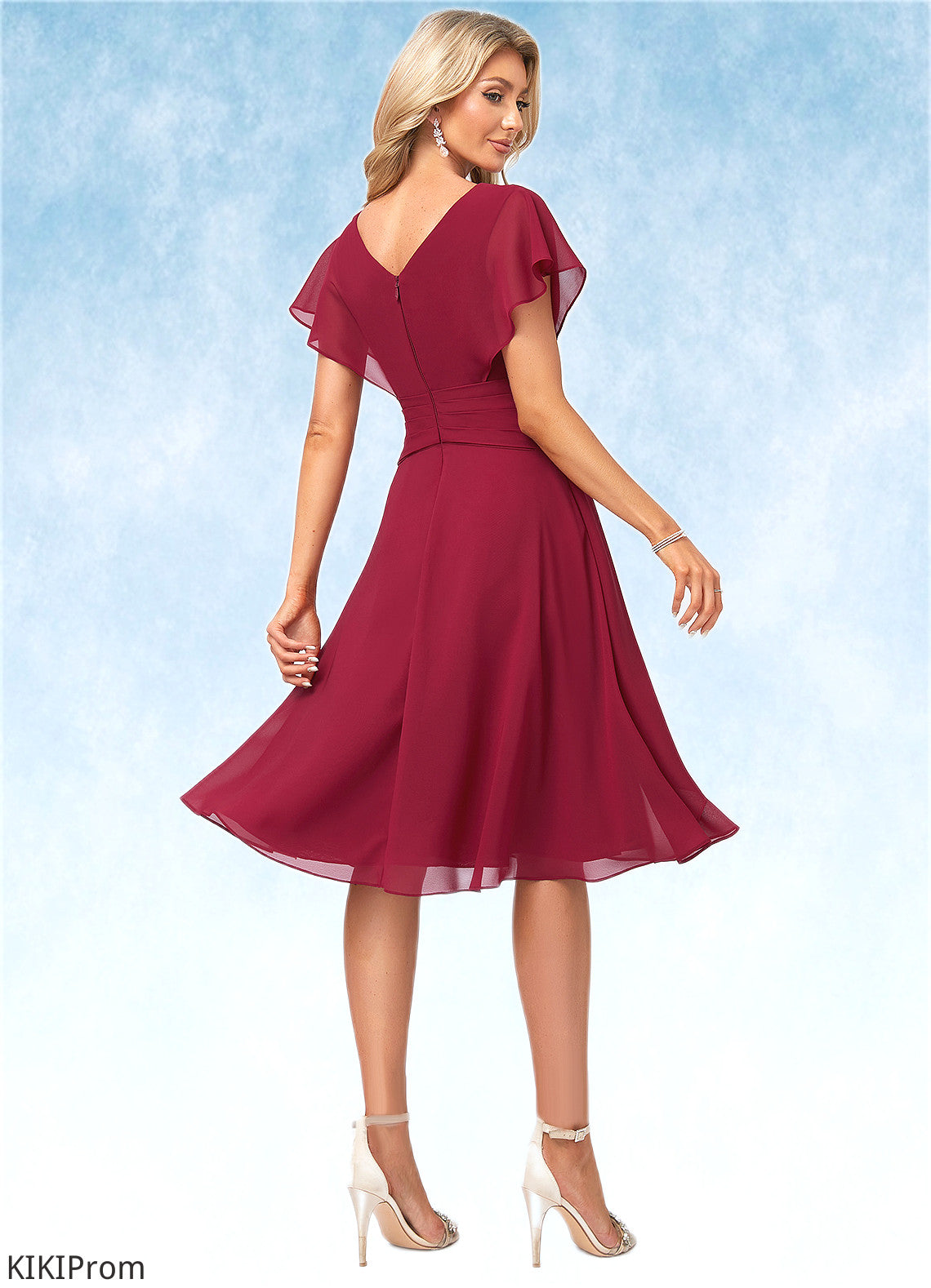 Sibyl A-line V-Neck Knee-Length Chiffon Bridesmaid Dress With Ruffle DZP0022609