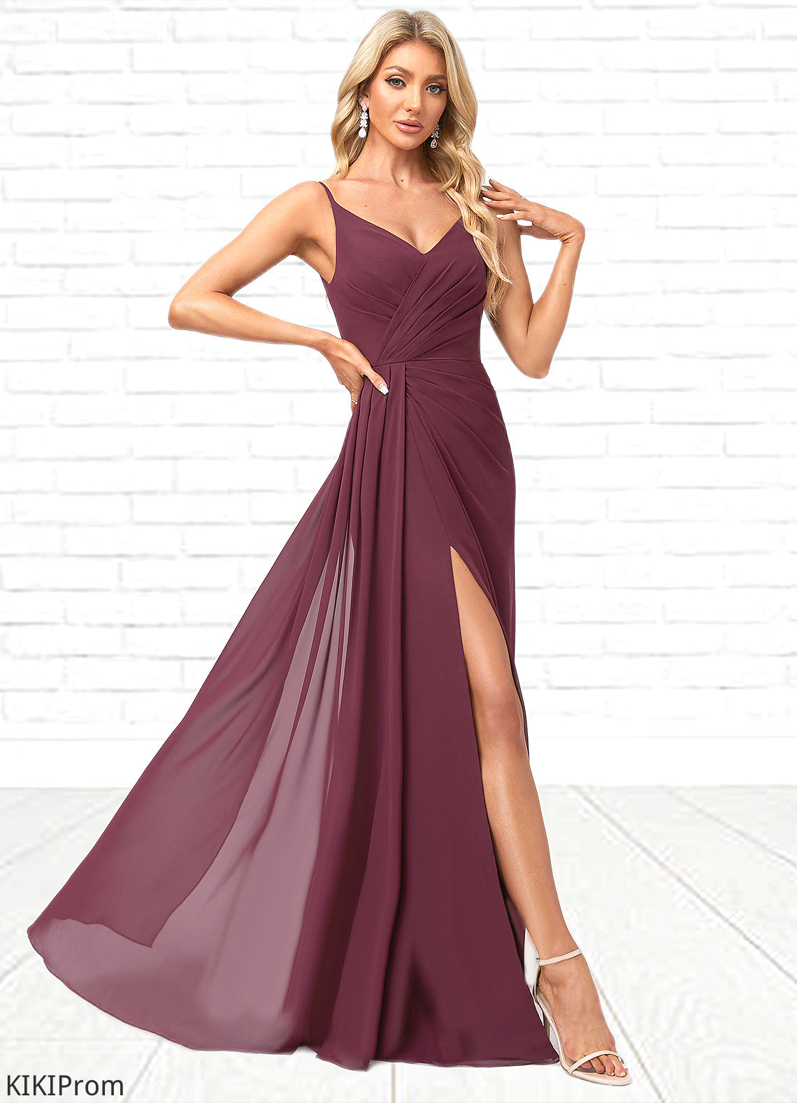 Giselle A-line V-Neck Floor-Length Chiffon Bridesmaid Dress With Ruffle DZP0022611