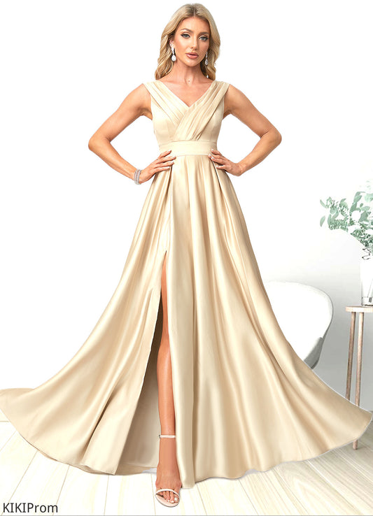 Liz A-line V-Neck Floor-Length Satin Bridesmaid Dress DZP0022612