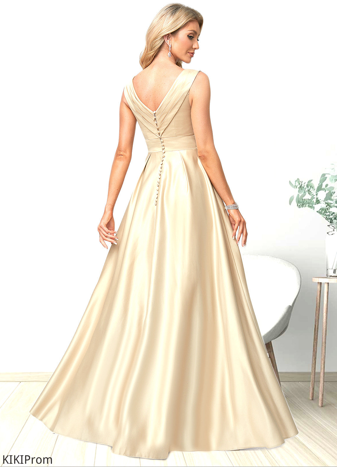 Liz A-line V-Neck Floor-Length Satin Bridesmaid Dress DZP0022612