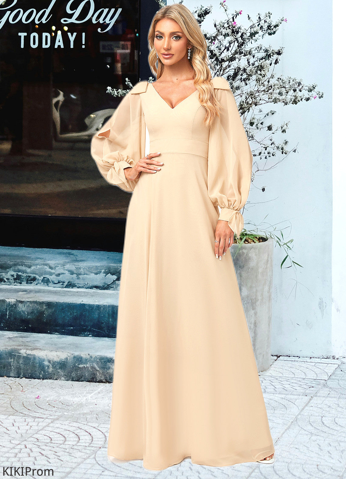 Whitney A-line V-Neck Floor-Length Chiffon Bridesmaid Dress With Bow DZP0022613