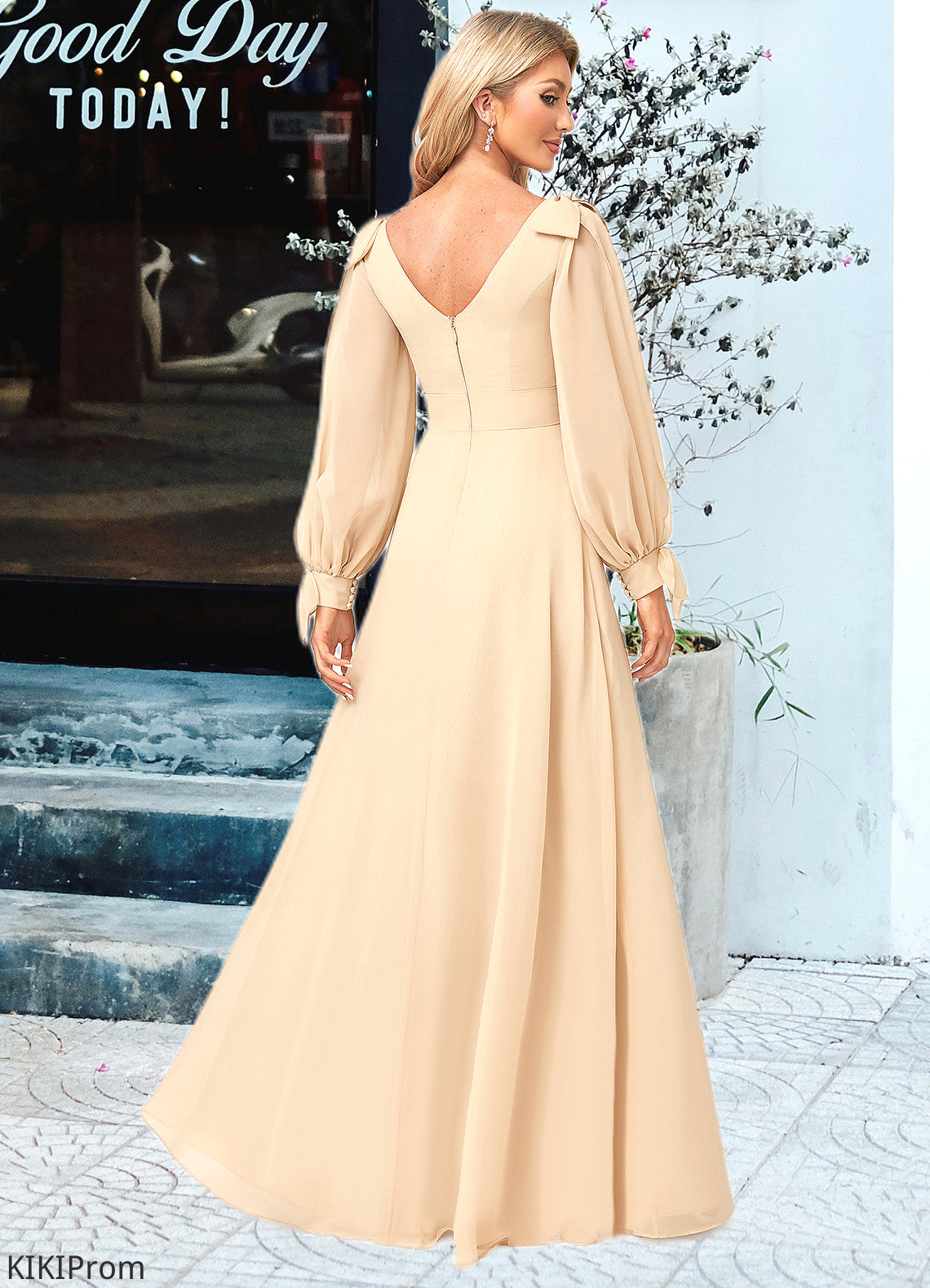 Whitney A-line V-Neck Floor-Length Chiffon Bridesmaid Dress With Bow DZP0022613