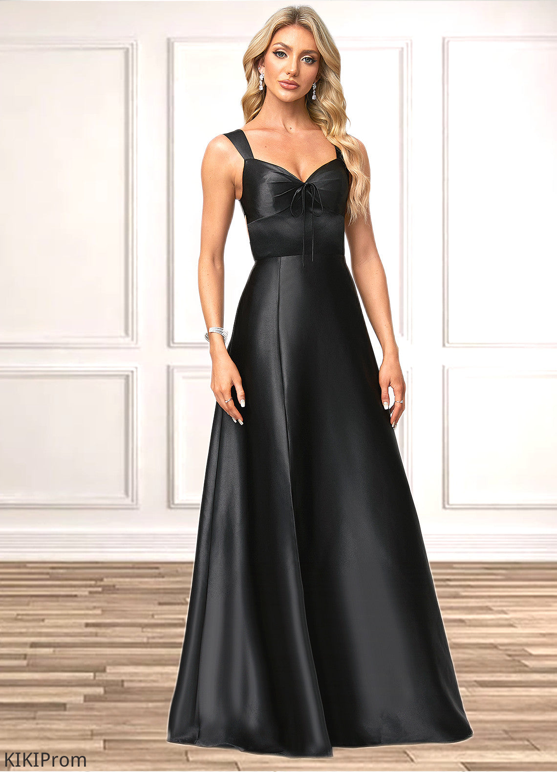 Paris A-line V-Neck Floor-Length Stretch Satin Bridesmaid Dress With Bow DZP0022615