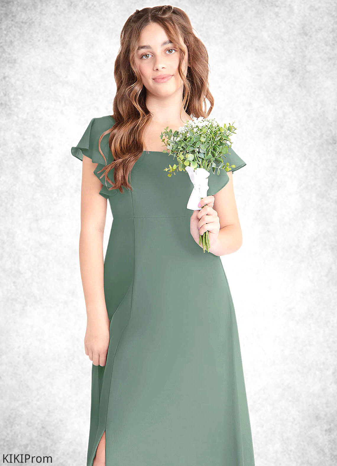 Briana A-Line Bow Chiffon Floor-Length Junior Bridesmaid Dress Eucalyptus DZP0022847
