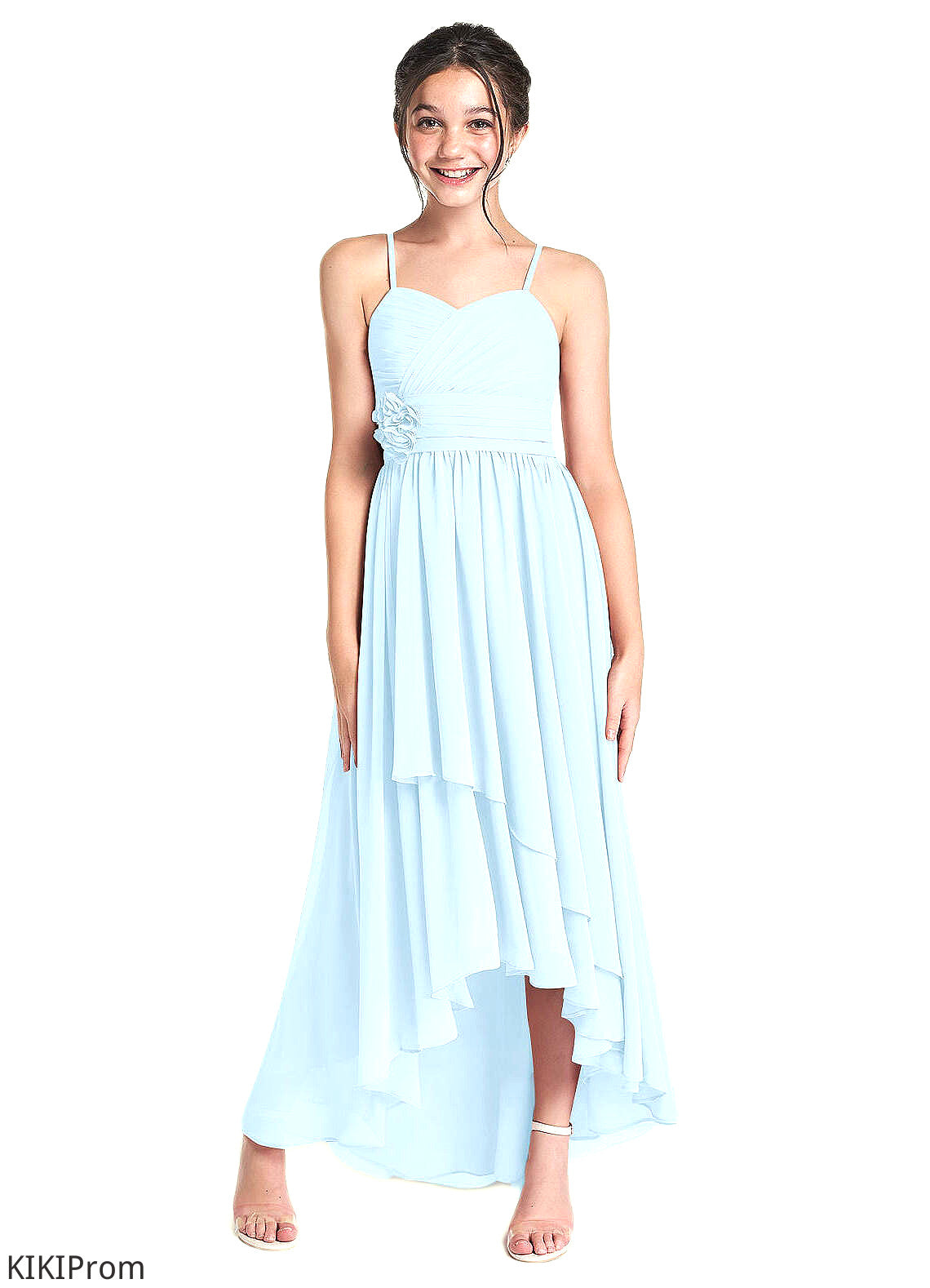 Arely A-Line Ruched Chiffon Asymmetrical Junior Bridesmaid Dress Sky Blue DZP0022848