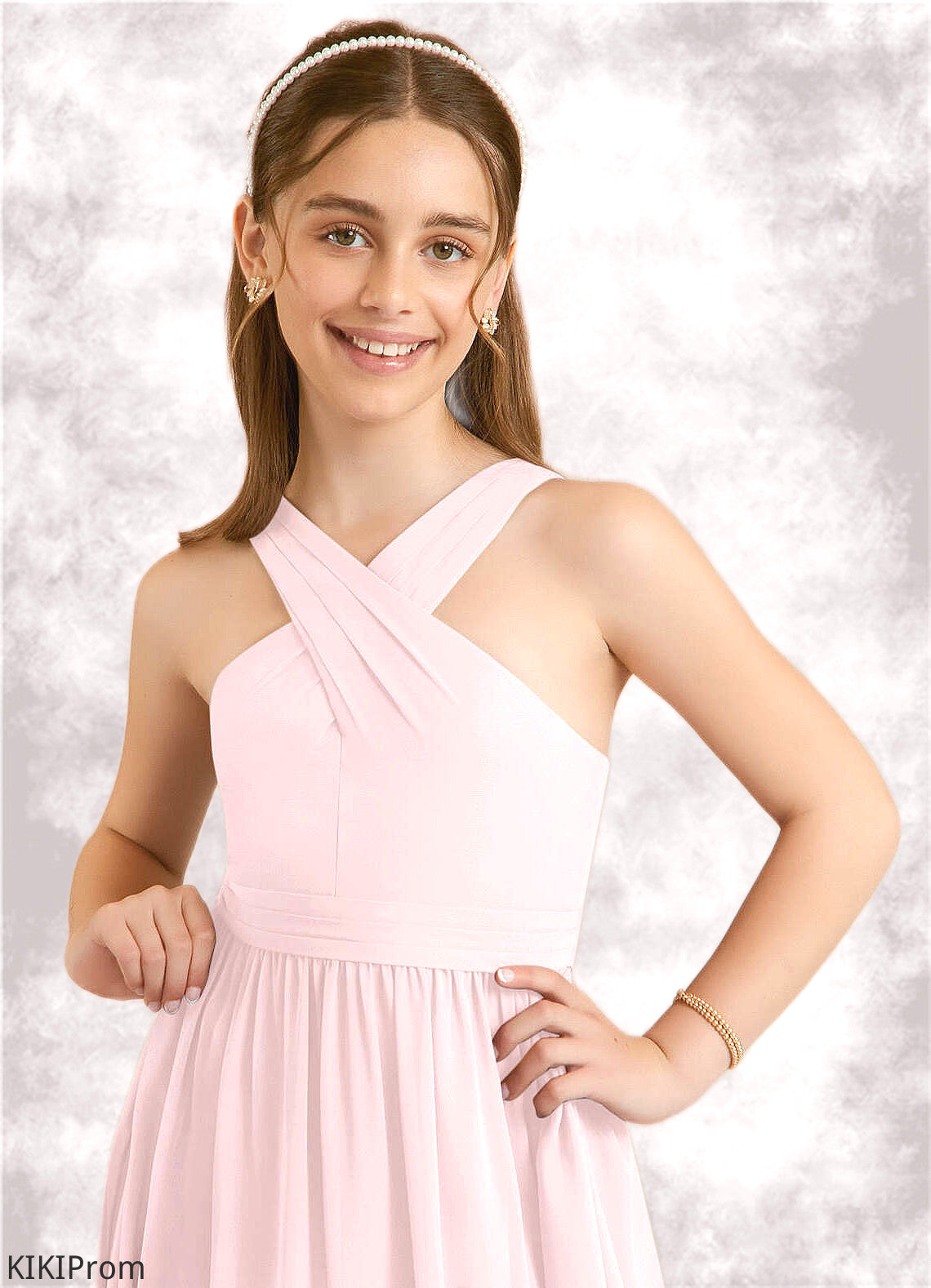 Wendy A-Line Pleated Chiffon Floor-Length Junior Bridesmaid Dress Blushing Pink DZP0022849