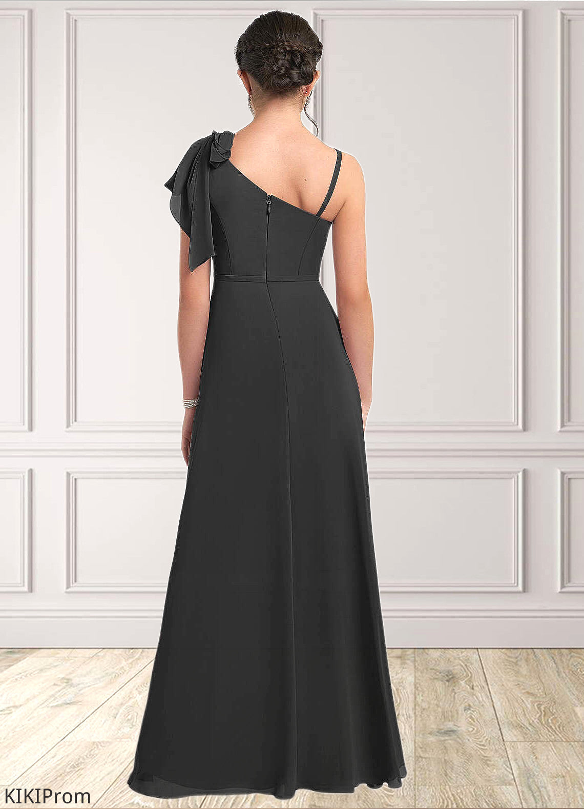 Desiree A-Line Bow Chiffon Floor-Length Junior Bridesmaid Dress black DZP0022850