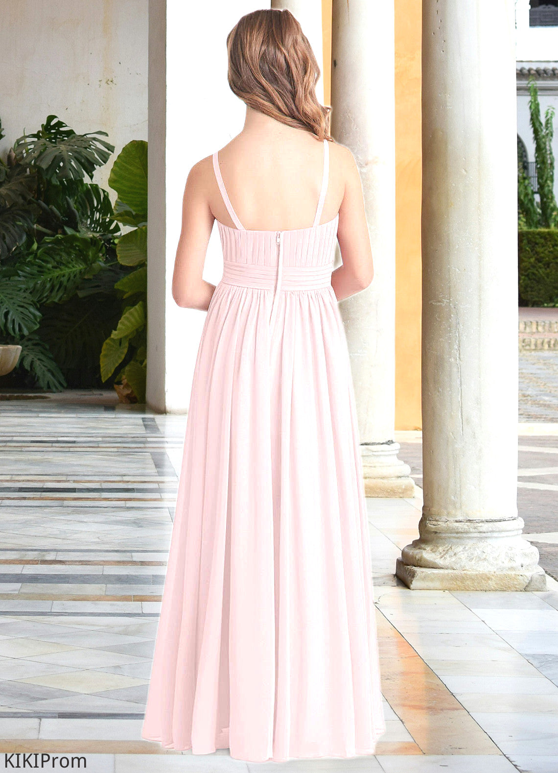 Kaya A-Line Floral Chiffon Floor-Length Junior Bridesmaid Dress Blushing Pink DZP0022851