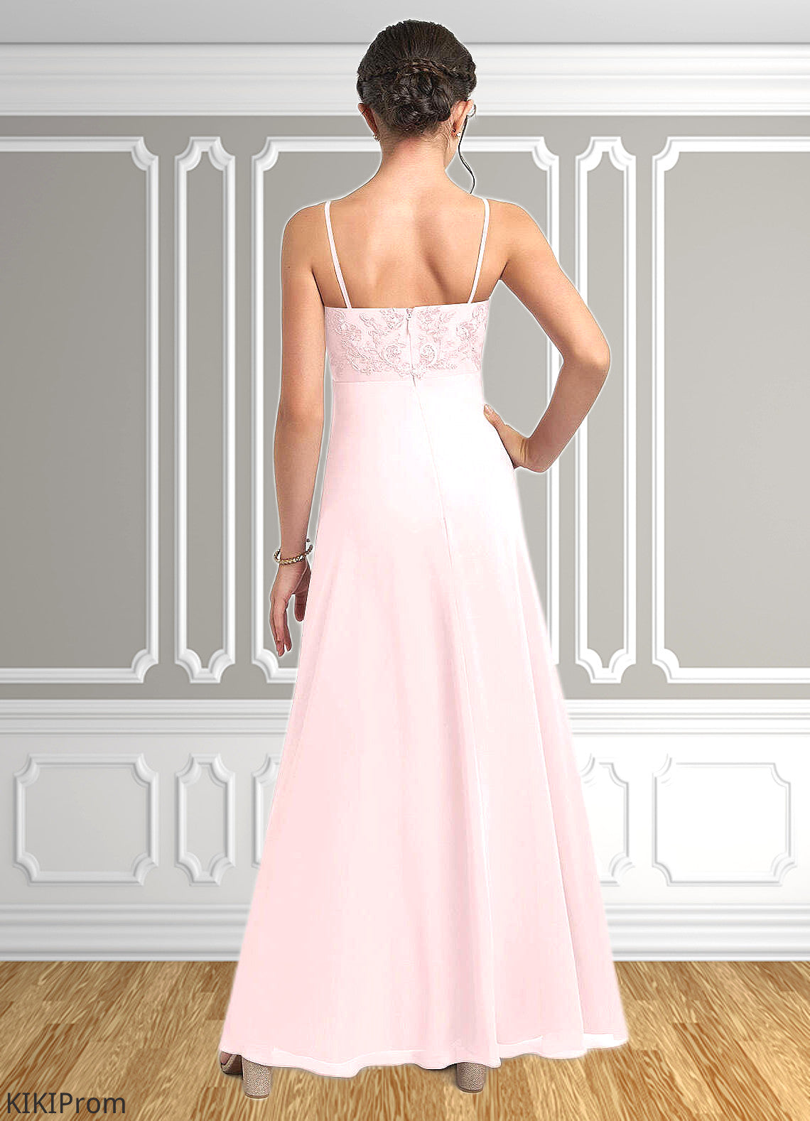 Marely A-Line Lace Chiffon Floor-Length Junior Bridesmaid Dress Blushing Pink DZP0022853