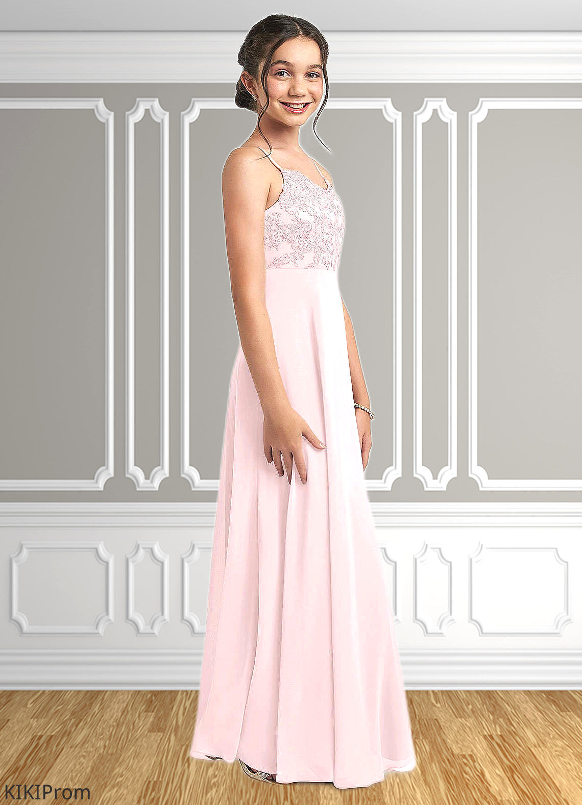 Marely A-Line Lace Chiffon Floor-Length Junior Bridesmaid Dress Blushing Pink DZP0022853