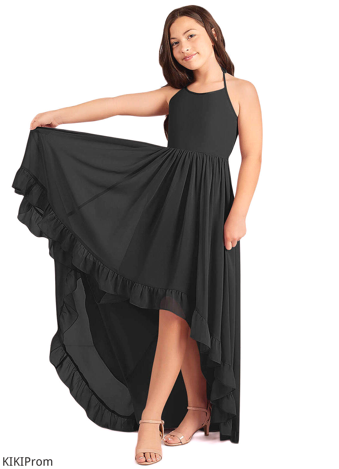 Adalyn A-Line Lace Chiffon Asymmetrical Junior Bridesmaid Dress black DZP0022855