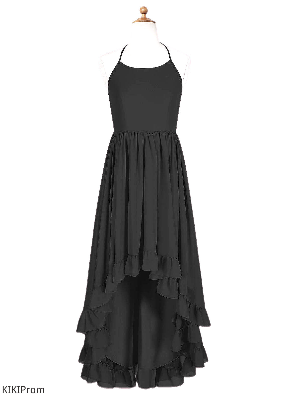 Adalyn A-Line Lace Chiffon Asymmetrical Junior Bridesmaid Dress black DZP0022855