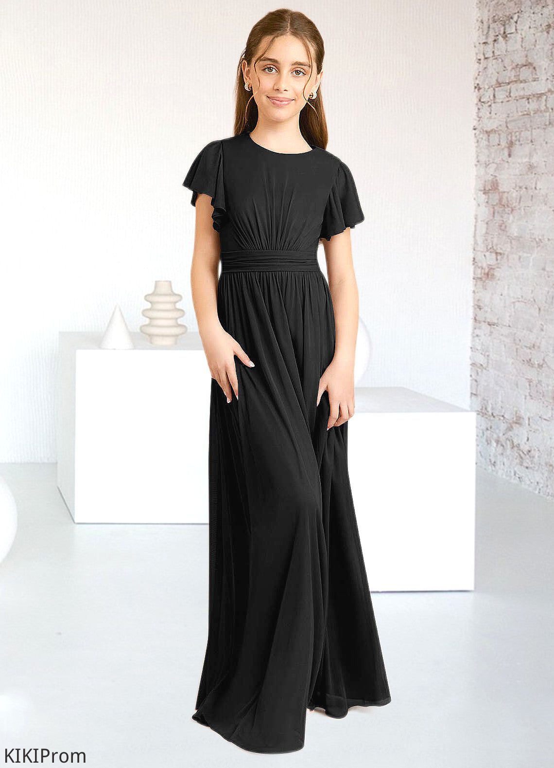 Gracelyn A-Line Ruched Mesh Floor-Length Junior Bridesmaid Dress black DZP0022857