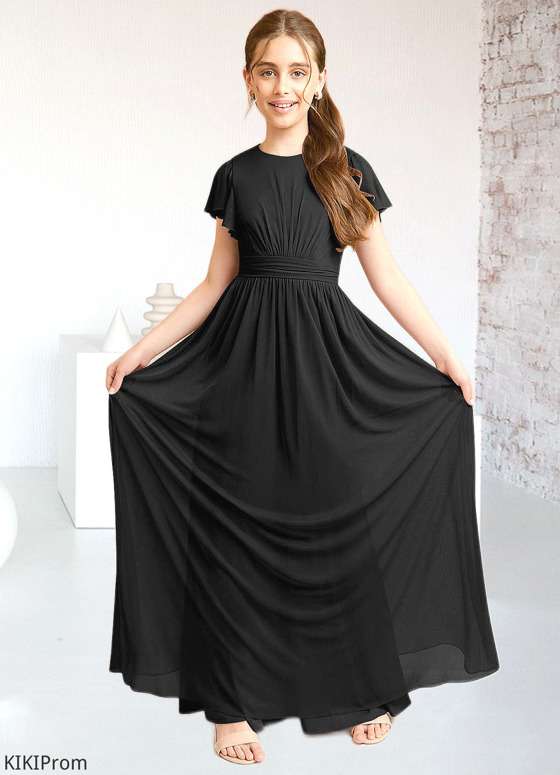 Gracelyn A-Line Ruched Mesh Floor-Length Junior Bridesmaid Dress black DZP0022857