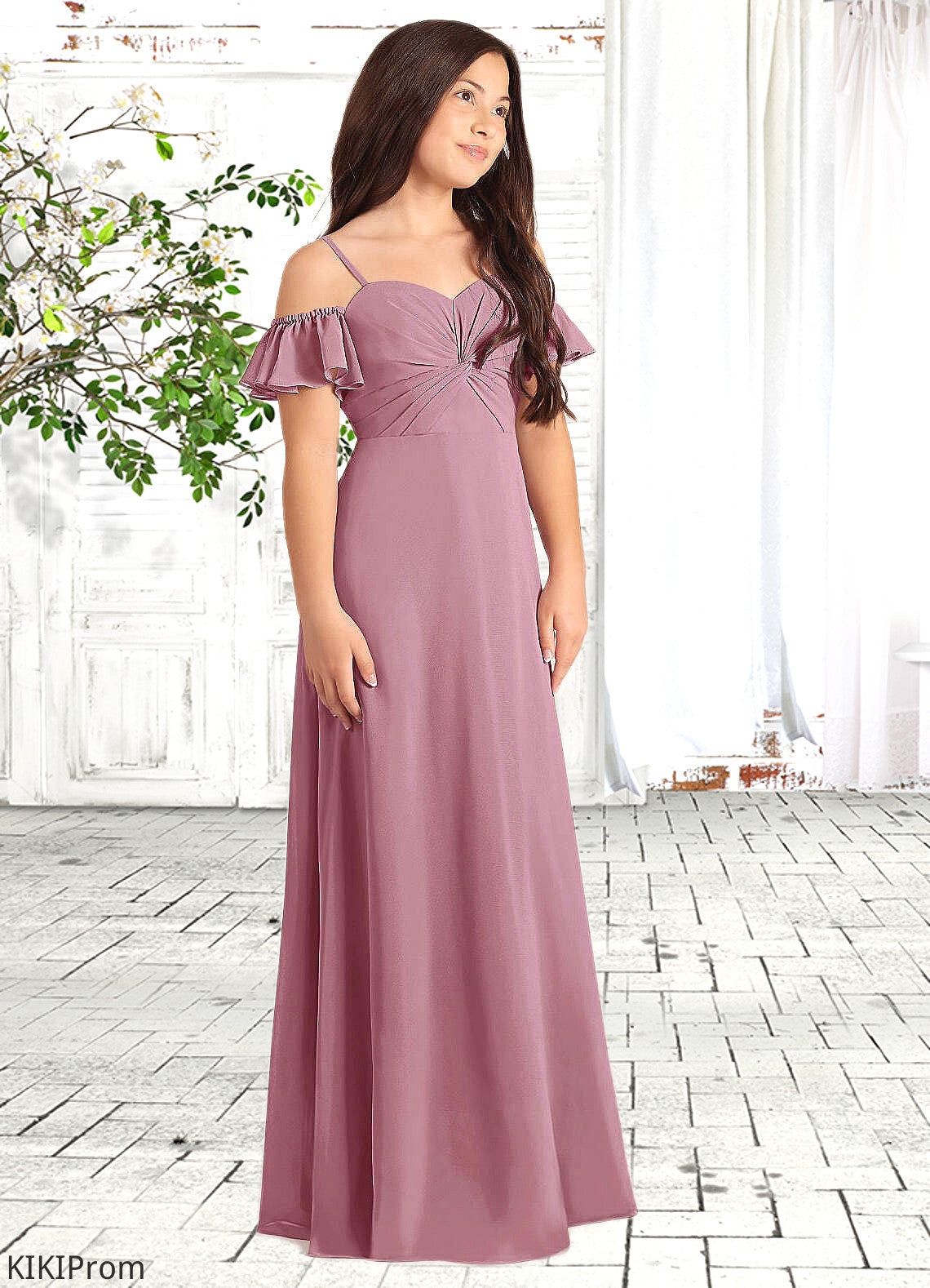 Adriana A-Line Off the Shoulder Chiffon Floor-Length Junior Bridesmaid Dress Vintage Mauve DZP0022859