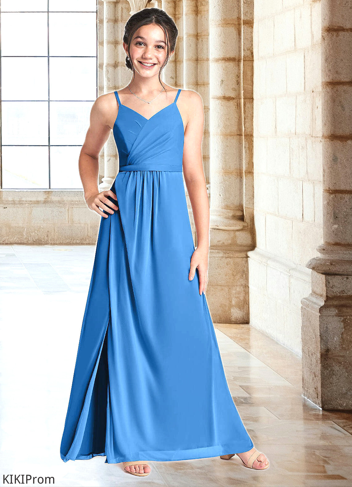 Evelyn Pleated Mesh Floor-Length Junior Bridesmaid Dress Blue Jay DZP0022861