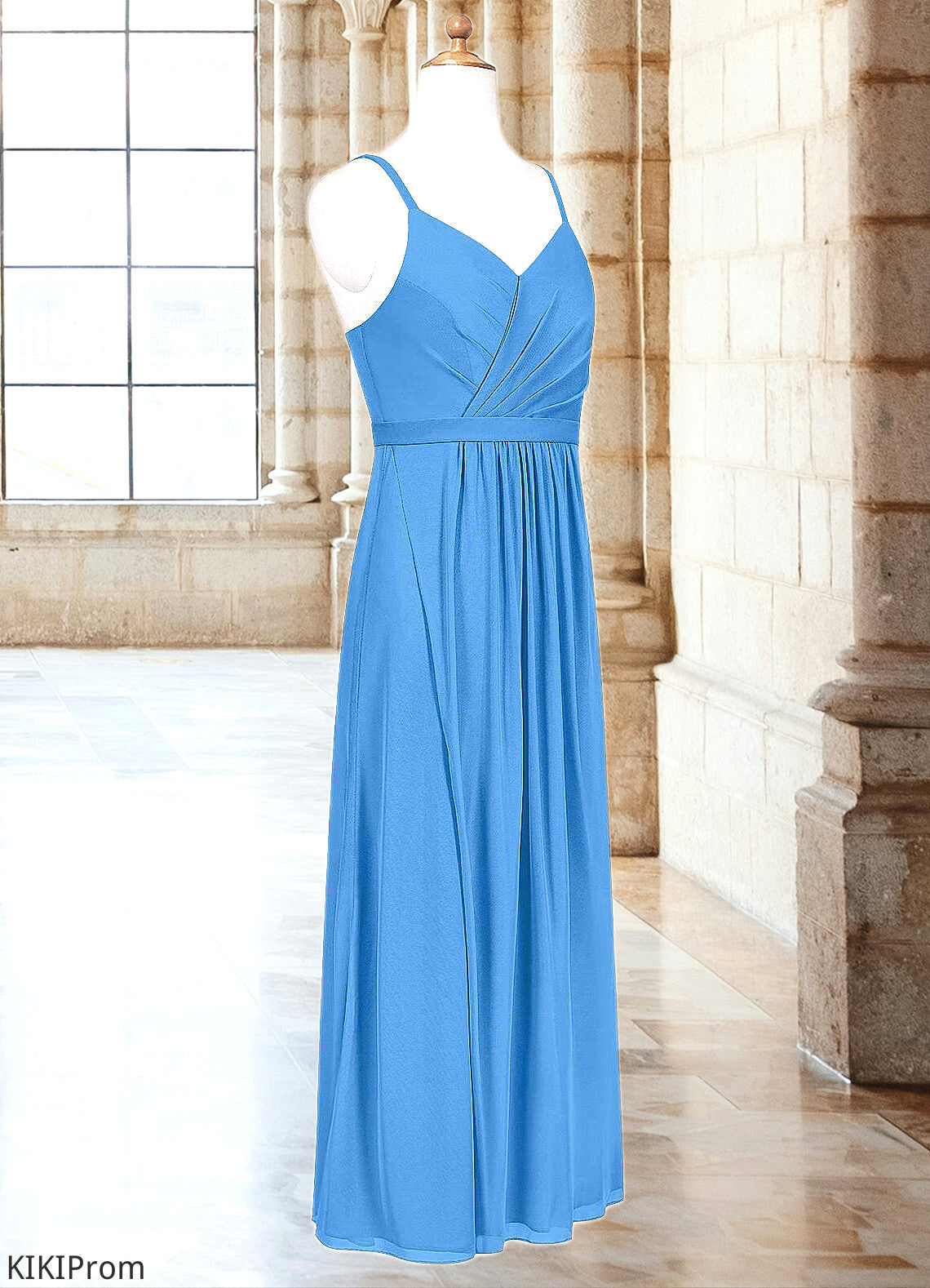 Evelyn Pleated Mesh Floor-Length Junior Bridesmaid Dress Blue Jay DZP0022861