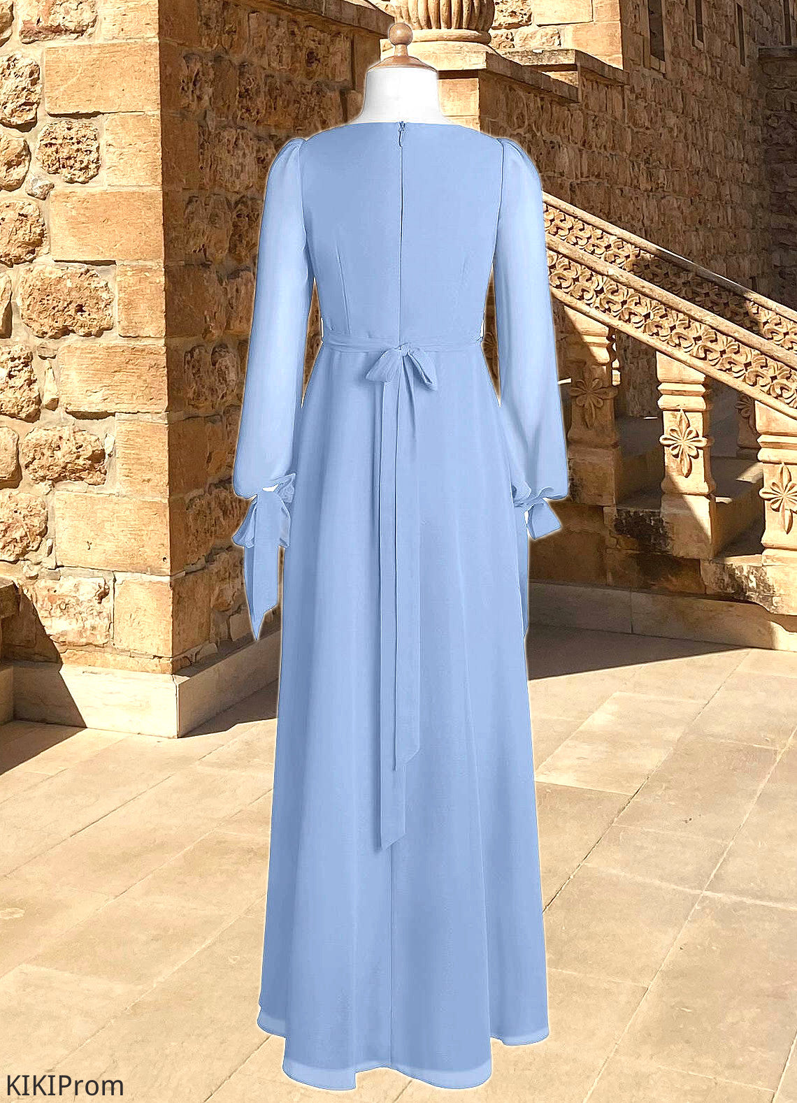 Viola A-Line Chiffon Floor-Length Junior Bridesmaid Dress with Pockets Steel Blue DZP0022867