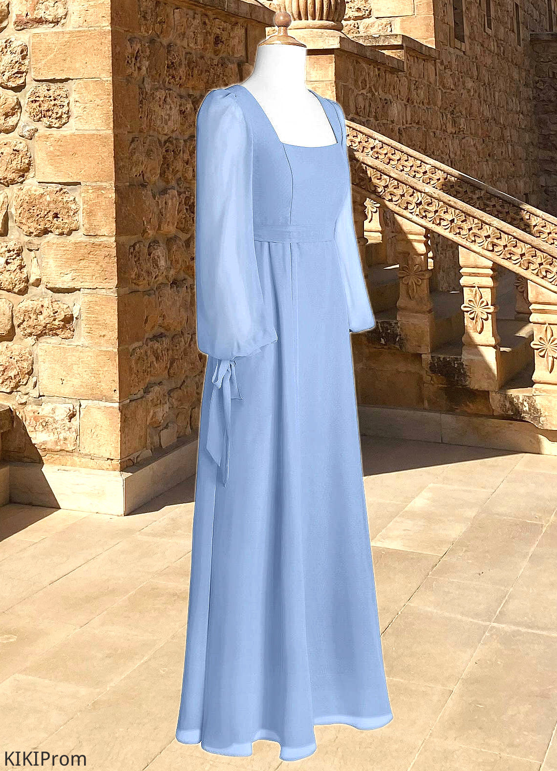 Viola A-Line Chiffon Floor-Length Junior Bridesmaid Dress with Pockets Steel Blue DZP0022867