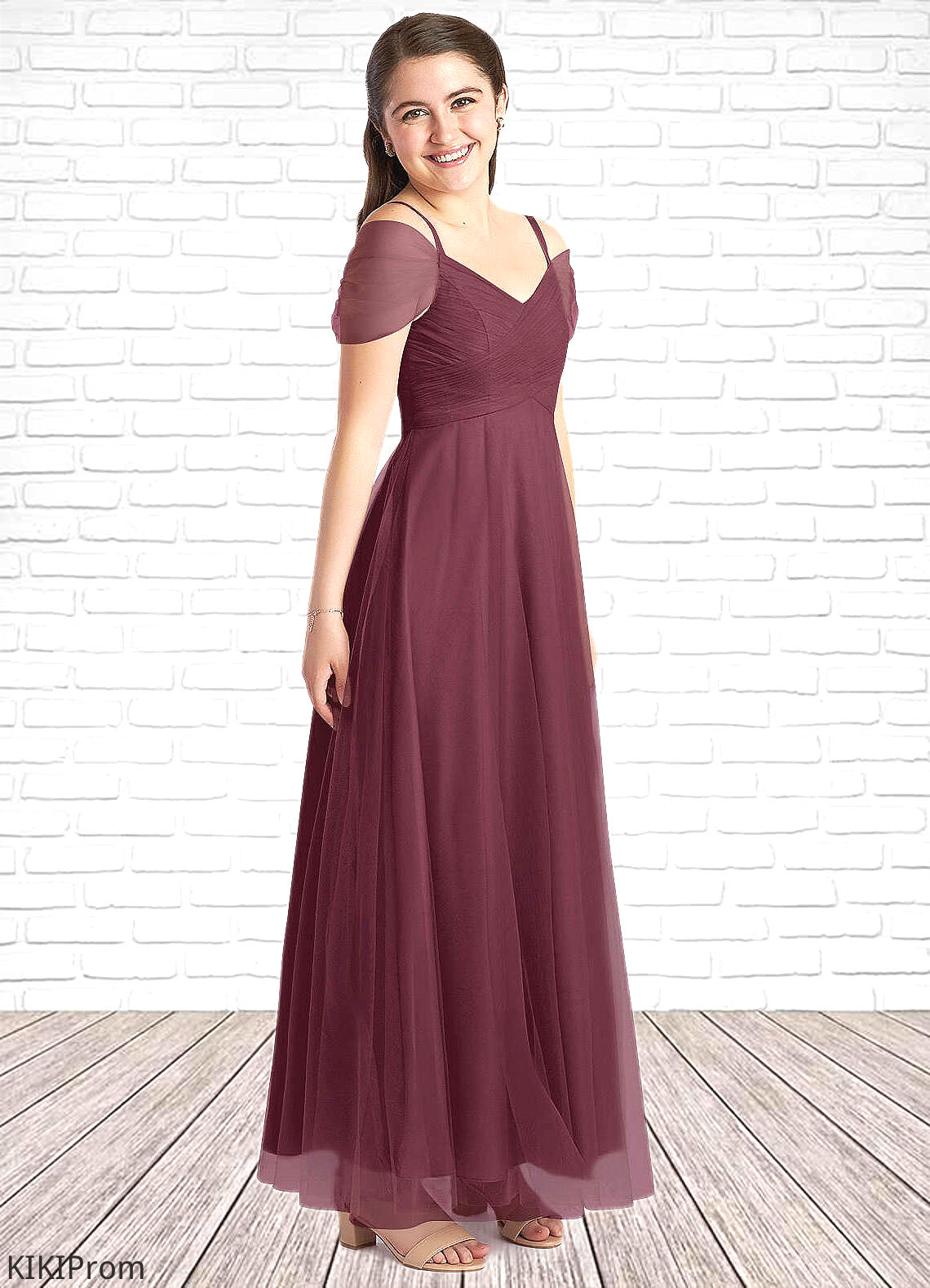 Maribel A-Line Off the Shoulder Tulle Floor-Length Junior Bridesmaid Dress Cabernet DZP0022873