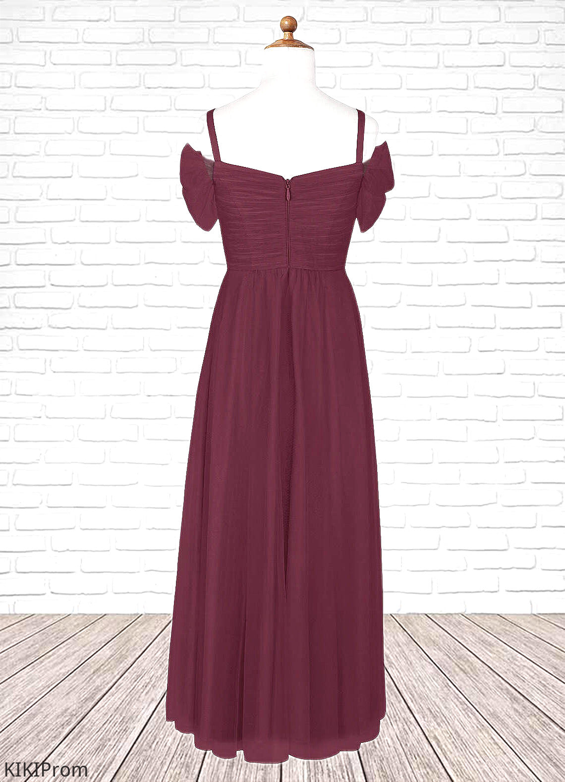 Maribel A-Line Off the Shoulder Tulle Floor-Length Junior Bridesmaid Dress Cabernet DZP0022873