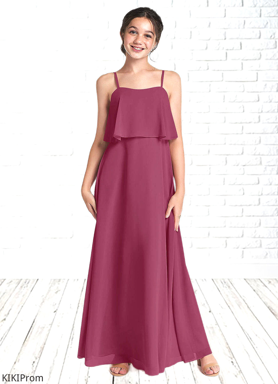 Anabelle A-Line Ruched Chiffon Floor-Length Junior Bridesmaid Dress Mulberry DZP0022874