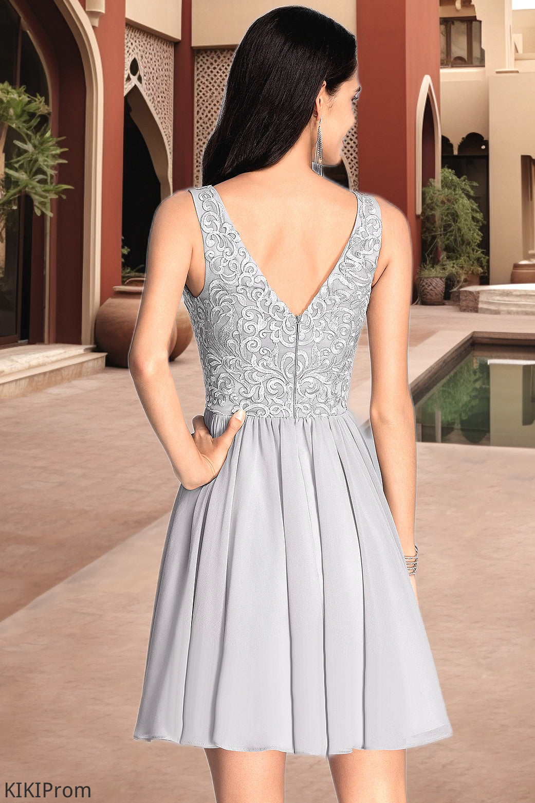 Ariana A-line V-Neck Short/Mini Chiffon Lace Homecoming Dress With Sequins DZP0020557