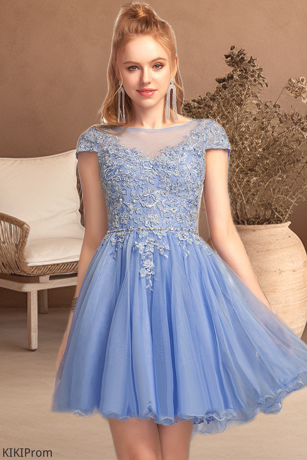 Paisley A-line Scoop Short/Mini Tulle Homecoming Dress With Beading Appliques Lace DZP0020547