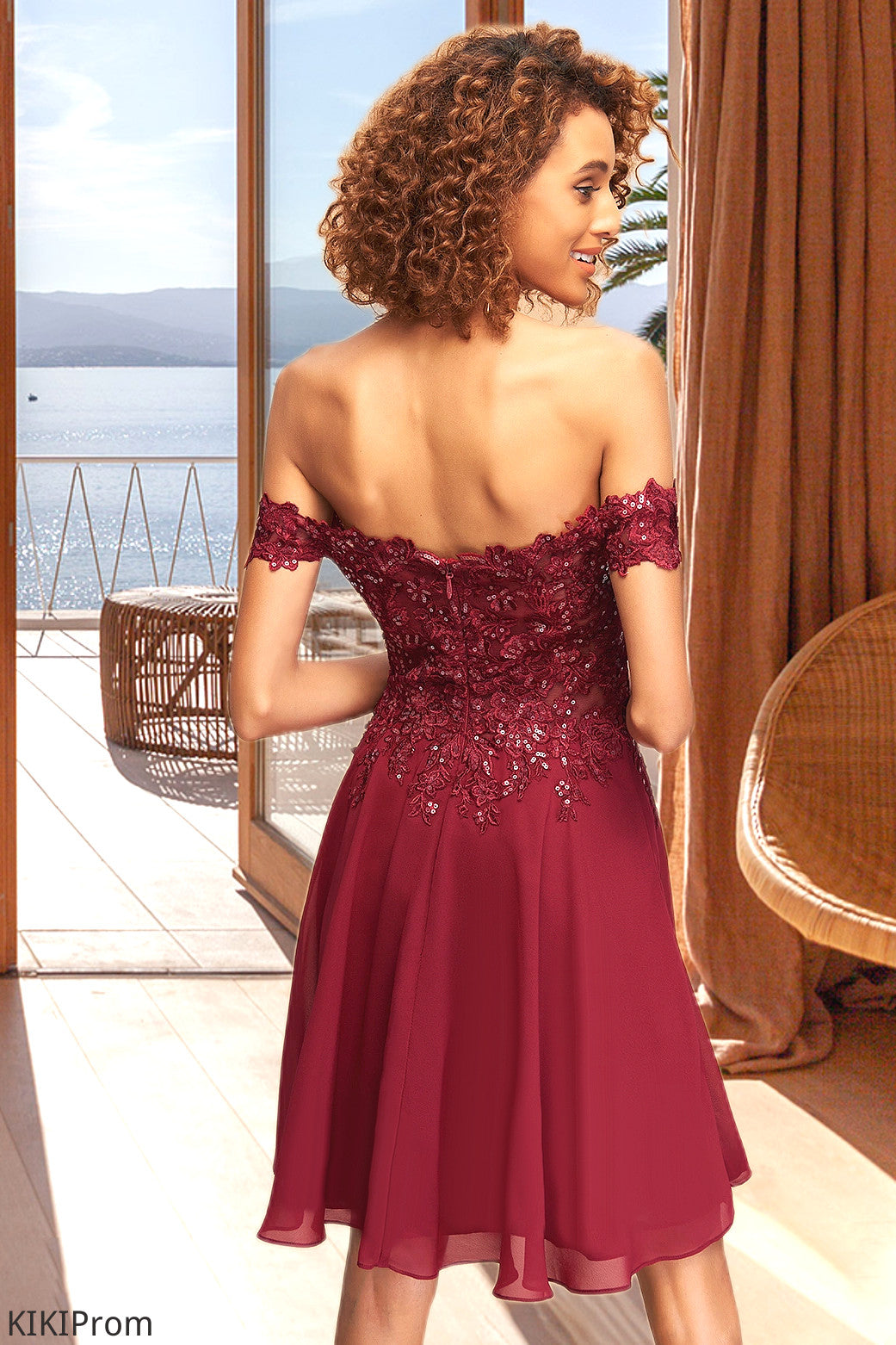 Aurora A-line Off the Shoulder Short/Mini Chiffon Lace Homecoming Dress With Sequins DZP0020528