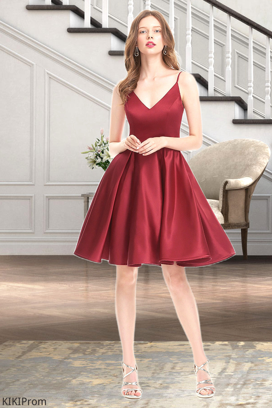 Giana A-line V-Neck Short/Mini Satin Homecoming Dress DZP0020542