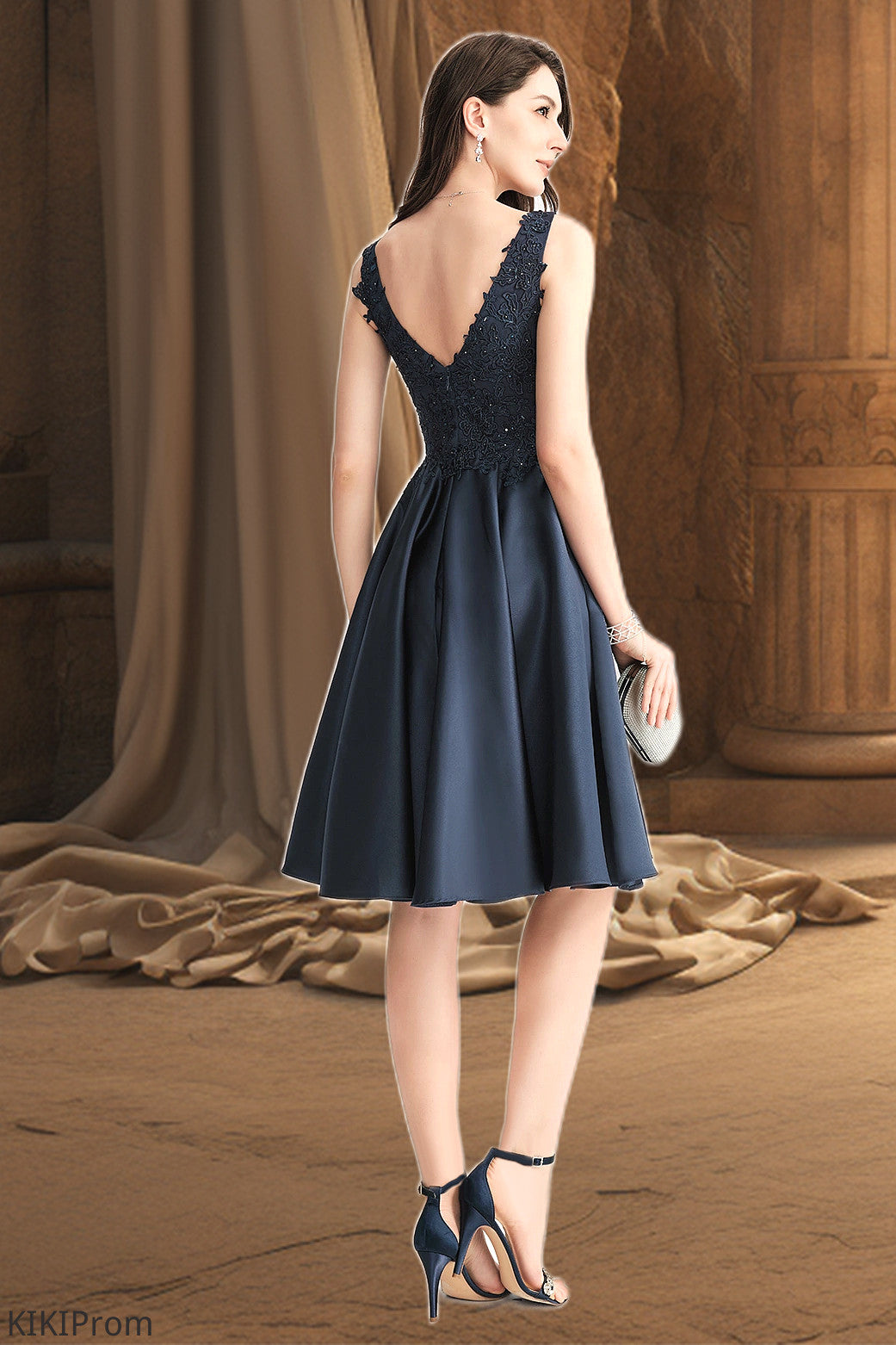 Hailee A-line V-Neck Knee-Length Lace Satin Homecoming Dress With Beading DZP0020517