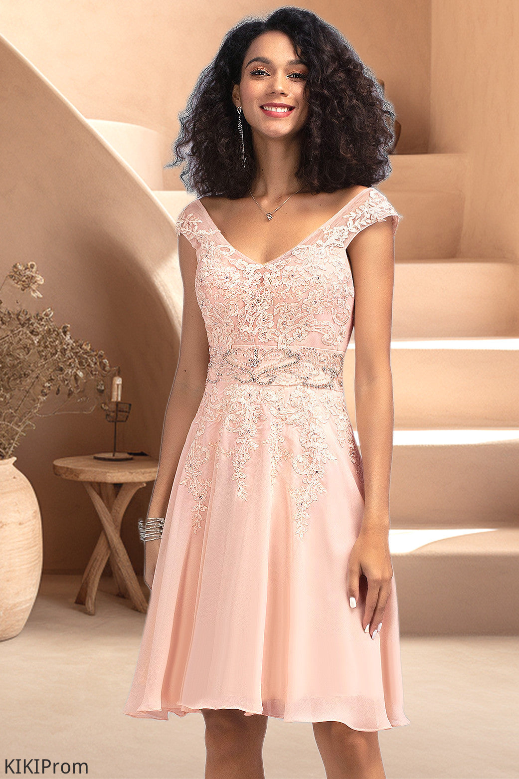 Lucinda A-line V-Neck Knee-Length Chiffon Lace Homecoming Dress With Beading DZP0020565