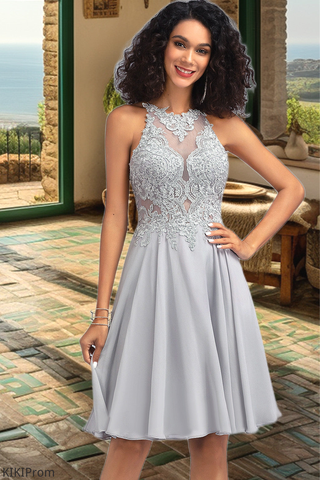 Shayna A-line Scoop Knee-Length Chiffon Lace Homecoming Dress With Sequins DZP0020571