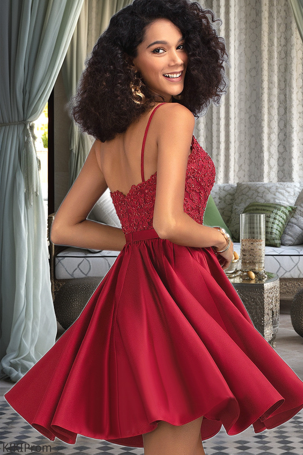 Arianna A-line V-Neck Short/Mini Lace Satin Homecoming Dress With Beading DZP0020554