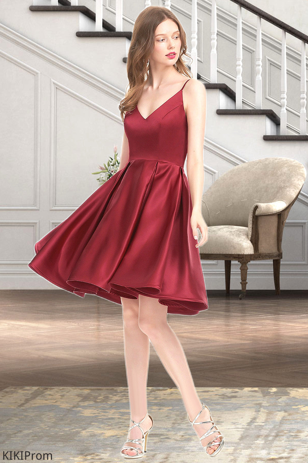 Giana A-line V-Neck Short/Mini Satin Homecoming Dress DZP0020542