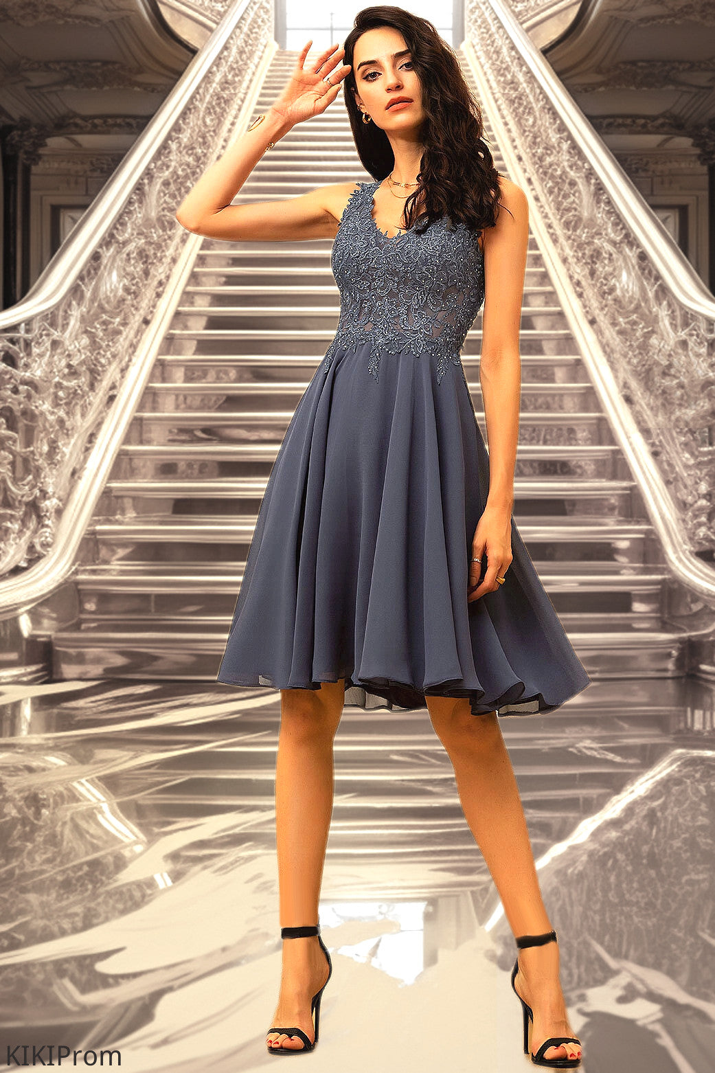 Lailah A-line V-Neck Short/Mini Chiffon Lace Homecoming Dress With Beading DZP0020536