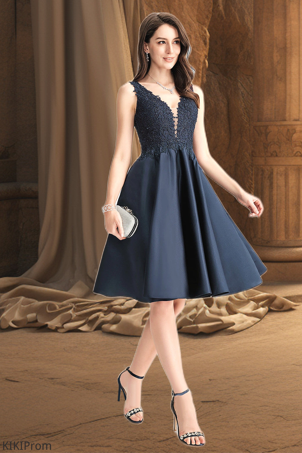 Hailee A-line V-Neck Knee-Length Lace Satin Homecoming Dress With Beading DZP0020517