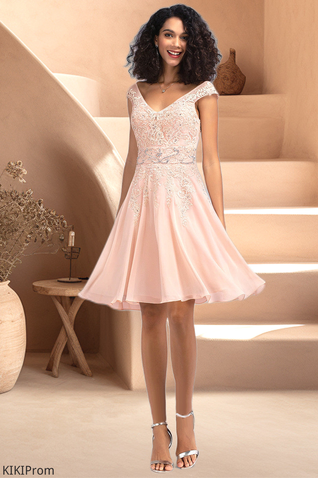 Lucinda A-line V-Neck Knee-Length Chiffon Lace Homecoming Dress With Beading DZP0020565