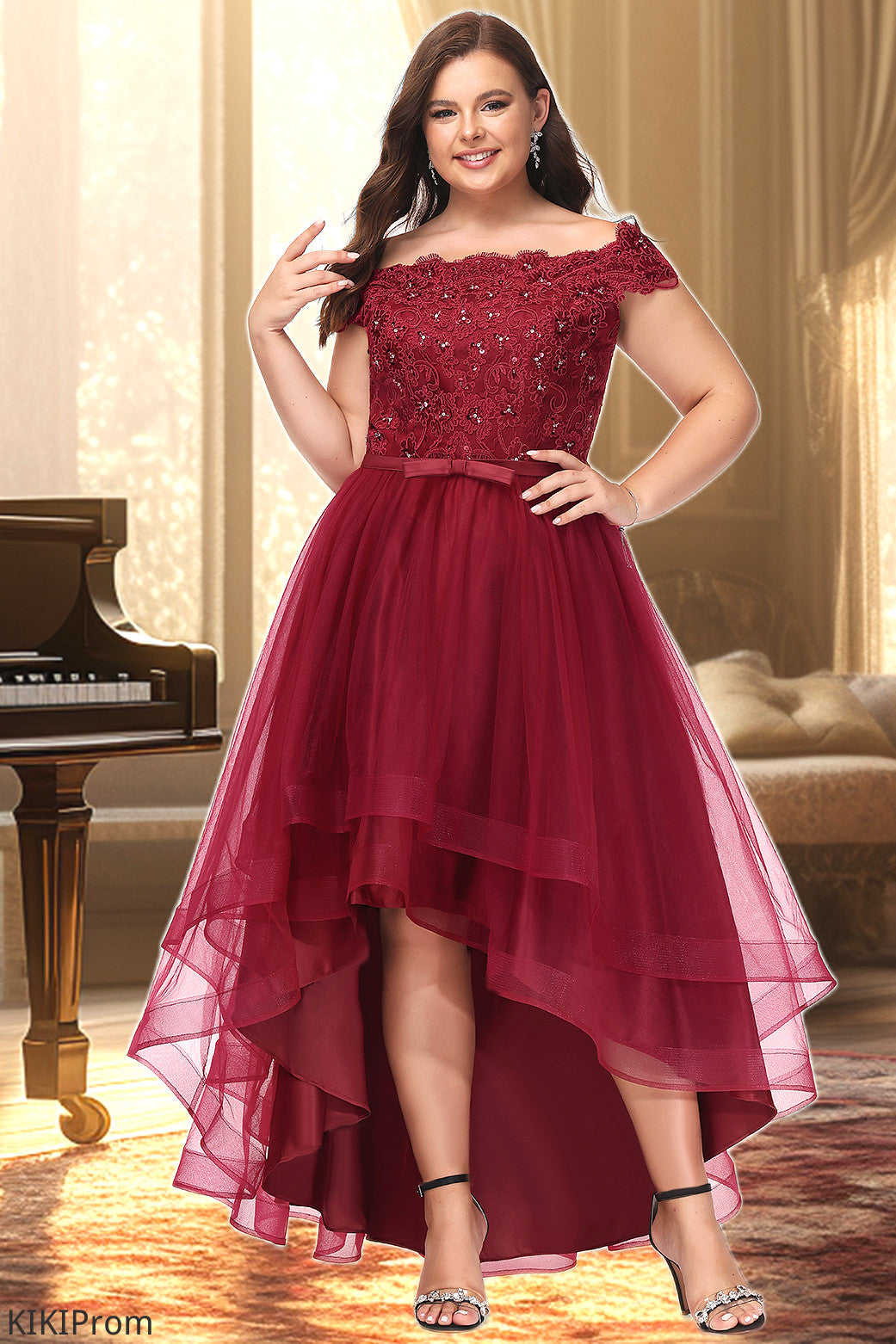 Quinn A-line Off the Shoulder Asymmetrical Lace Tulle Homecoming Dress With Beading Bow Sequins DZP0020535