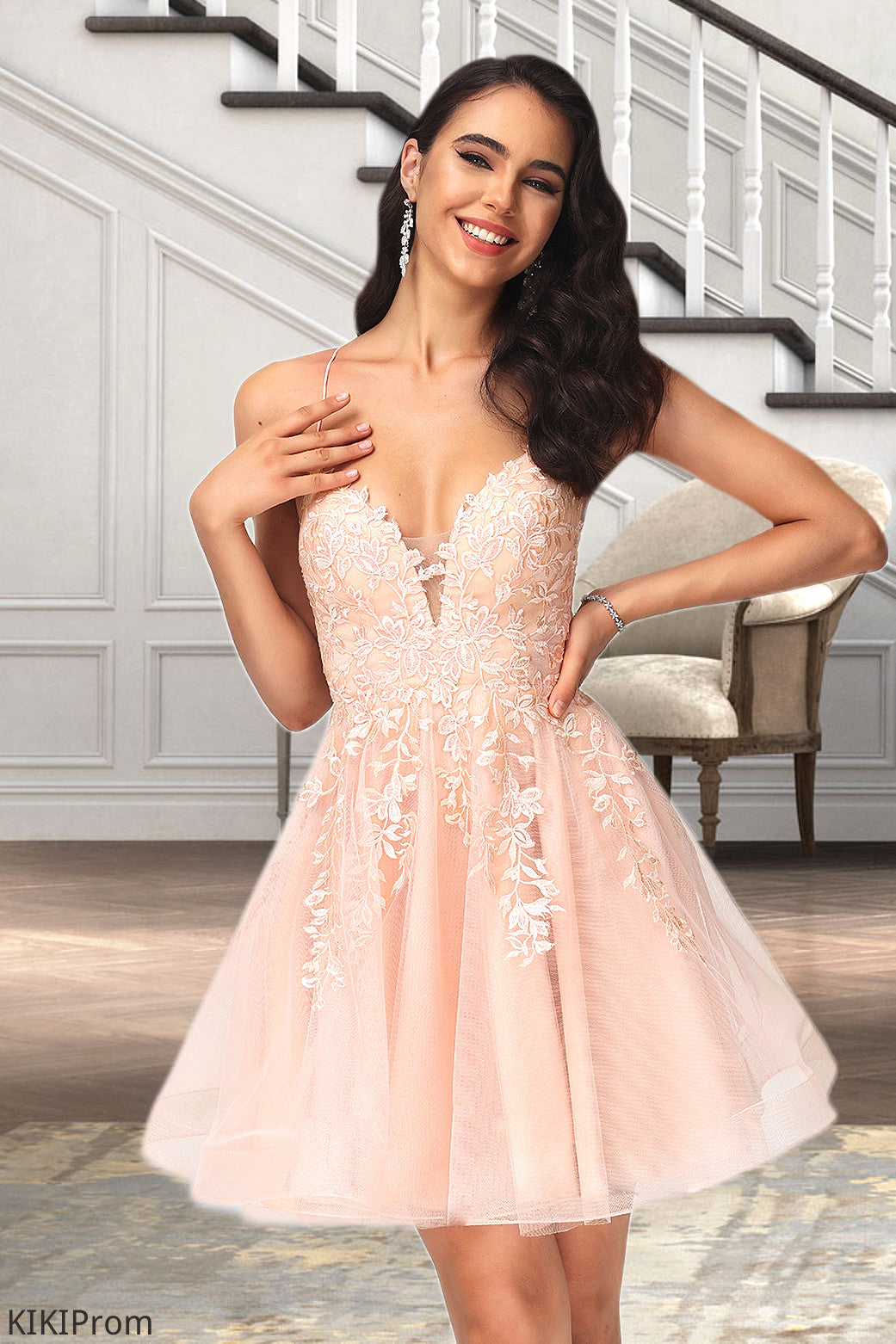 Anna A-line V-Neck Short/Mini Lace Tulle Homecoming Dress With Sequins DZP0020500