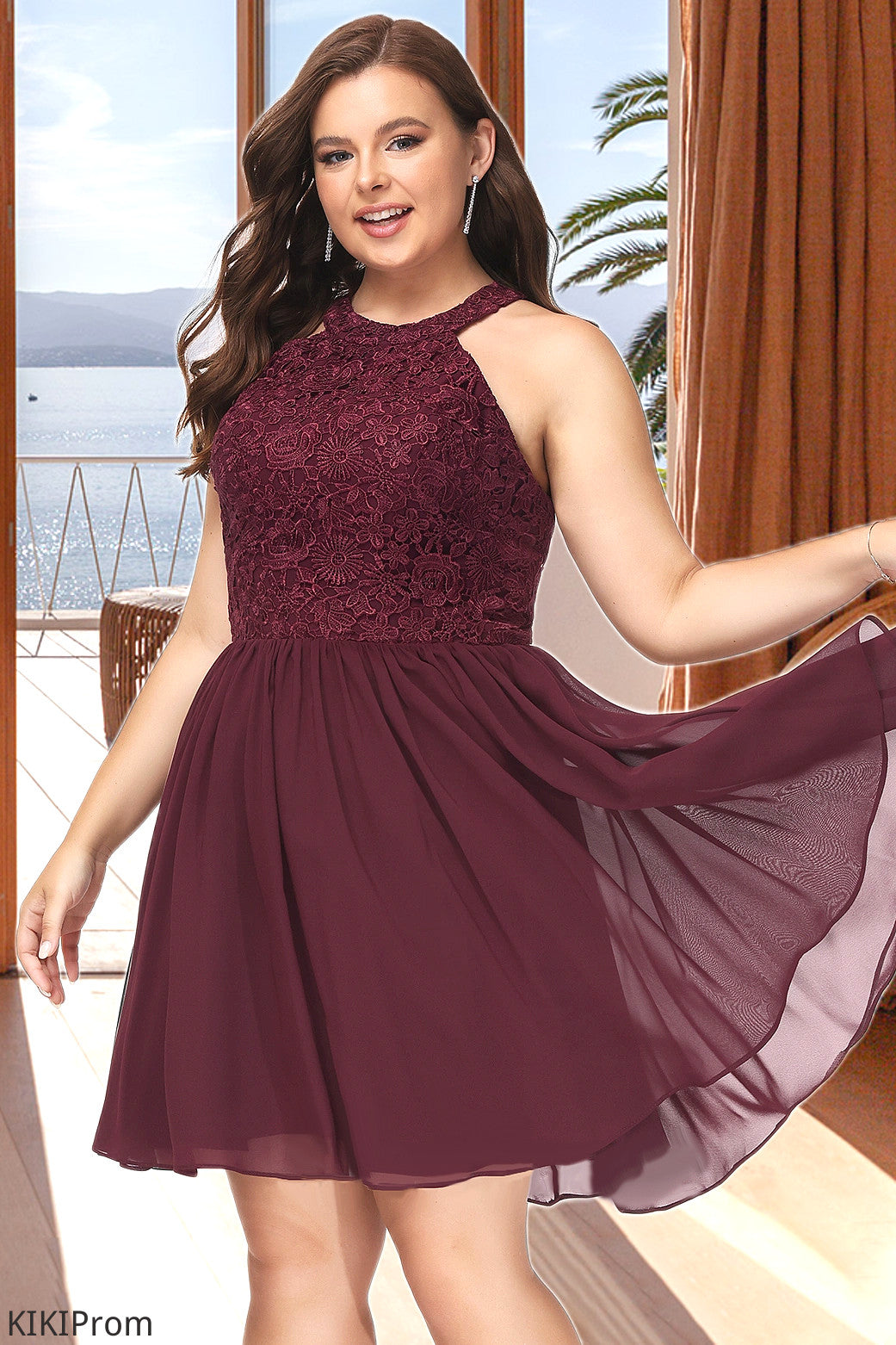 Aniyah A-line Scoop Short/Mini Chiffon Lace Homecoming Dress DZP0020555