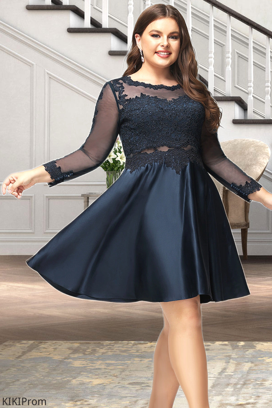 Juliette A-line Scoop Short/Mini Lace Satin Homecoming Dress DZP0020494