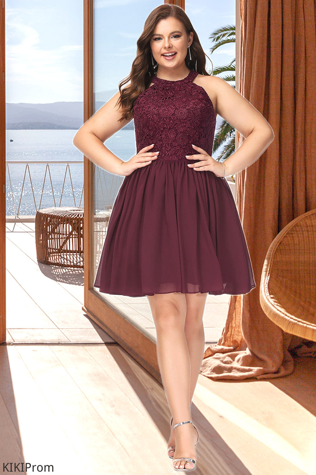 Aniyah A-line Scoop Short/Mini Chiffon Lace Homecoming Dress DZP0020555
