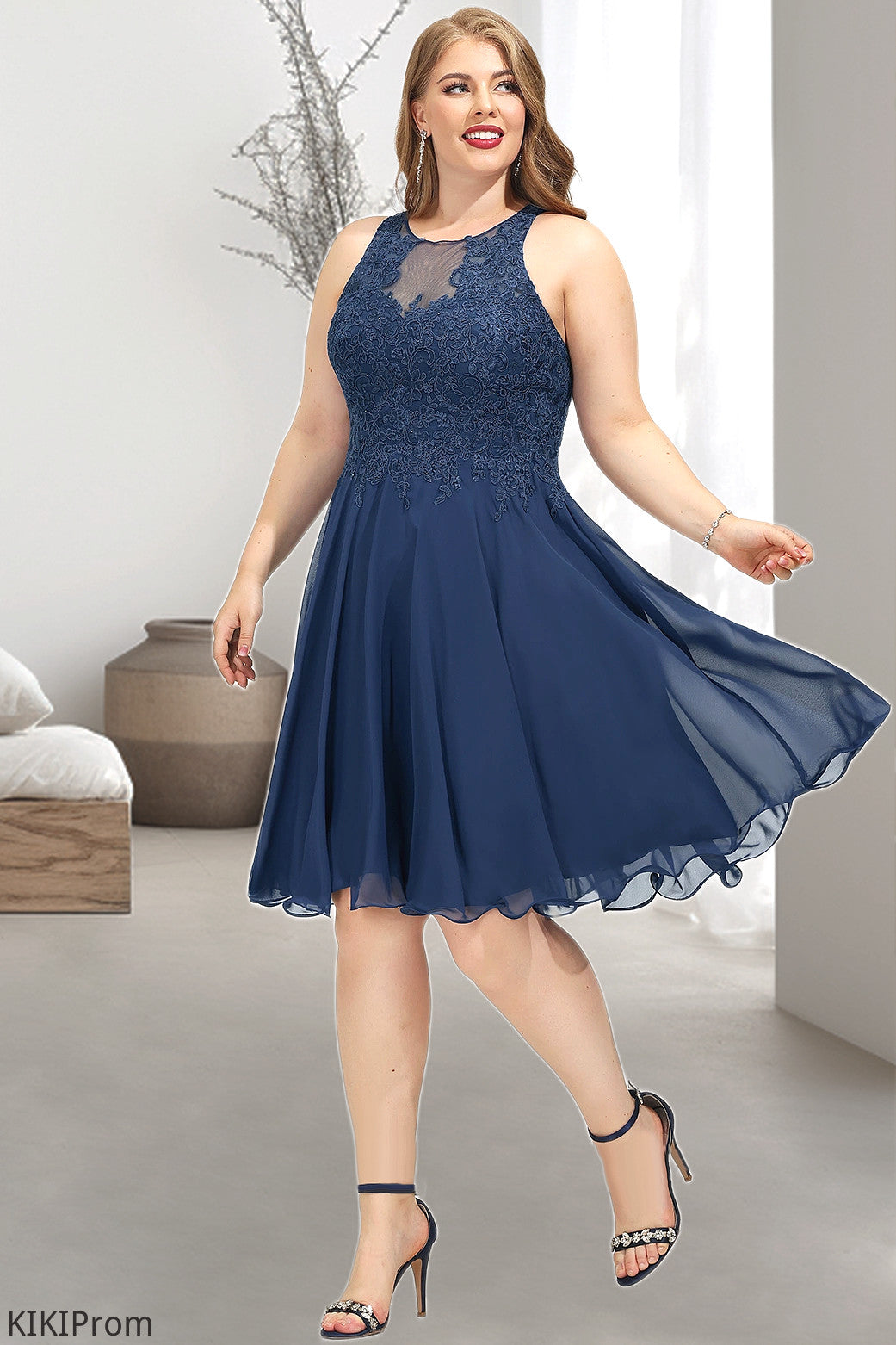 Nina A-line Scoop Knee-Length Chiffon Lace Homecoming Dress With Beading DZP0020515