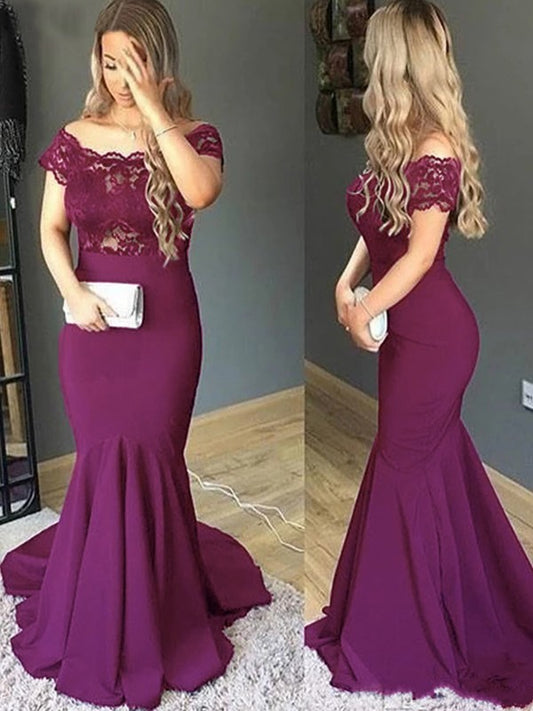 Tamia Trumpet/Mermaid Stretch Crepe Lace Off-the-Shoulder Short Sleeves Sweep/Brush Train Mother of the Bride Dresses DZP0020322