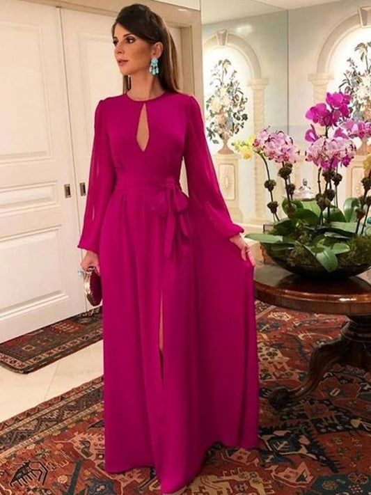 Minnie A-Line/Princess Chiffon Ruched Scoop Long Sleeves Floor-Length Mother of the Bride Dresses DZP0020417